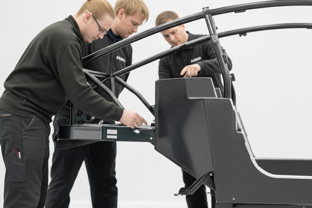 German design studio shot of artisan checking carbon weave for quality control.