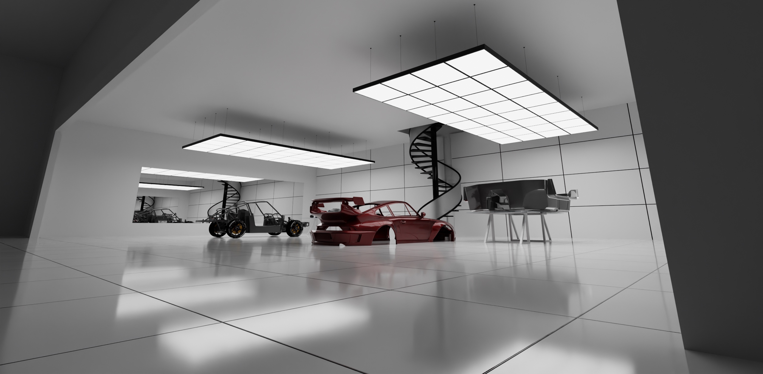 A white showroom with the work of art in the distance