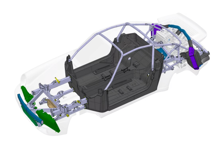 Overview Chart of The Schoner Carbon fiber monocoque that is the base for the Porsche 993 GT2 EVO II body, but has an electric engine.