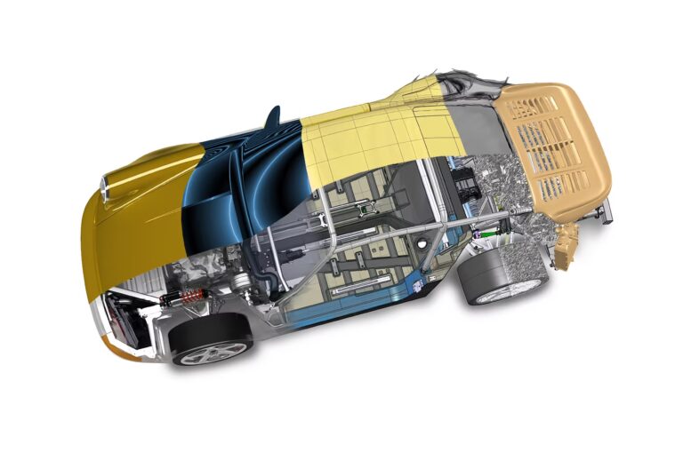Overlay of The Schoner Carbon fiber monocoque with the upper chassis that holds the Porsche 993 GT2 EVO II body.