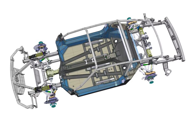 The Schoner Carbon Fiber Monocoque in detail which is the core of the car that has an electric 1500 HP drive train and a Porsche 993 GT2 EVO II Body