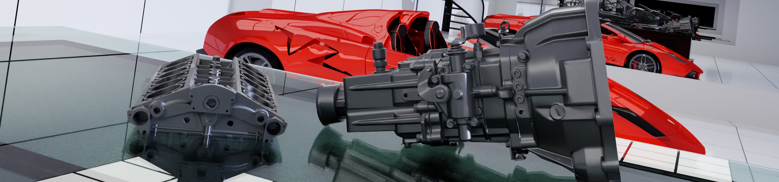 The Schoner Engine from the Lamborghini Murcielago with optional improved header and gearbox made from aluminum billet