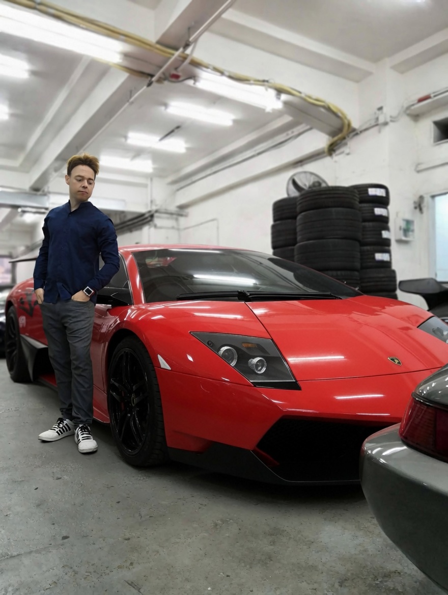 Gregor Hans Schoener next to the Lamborghini Murcielago SV