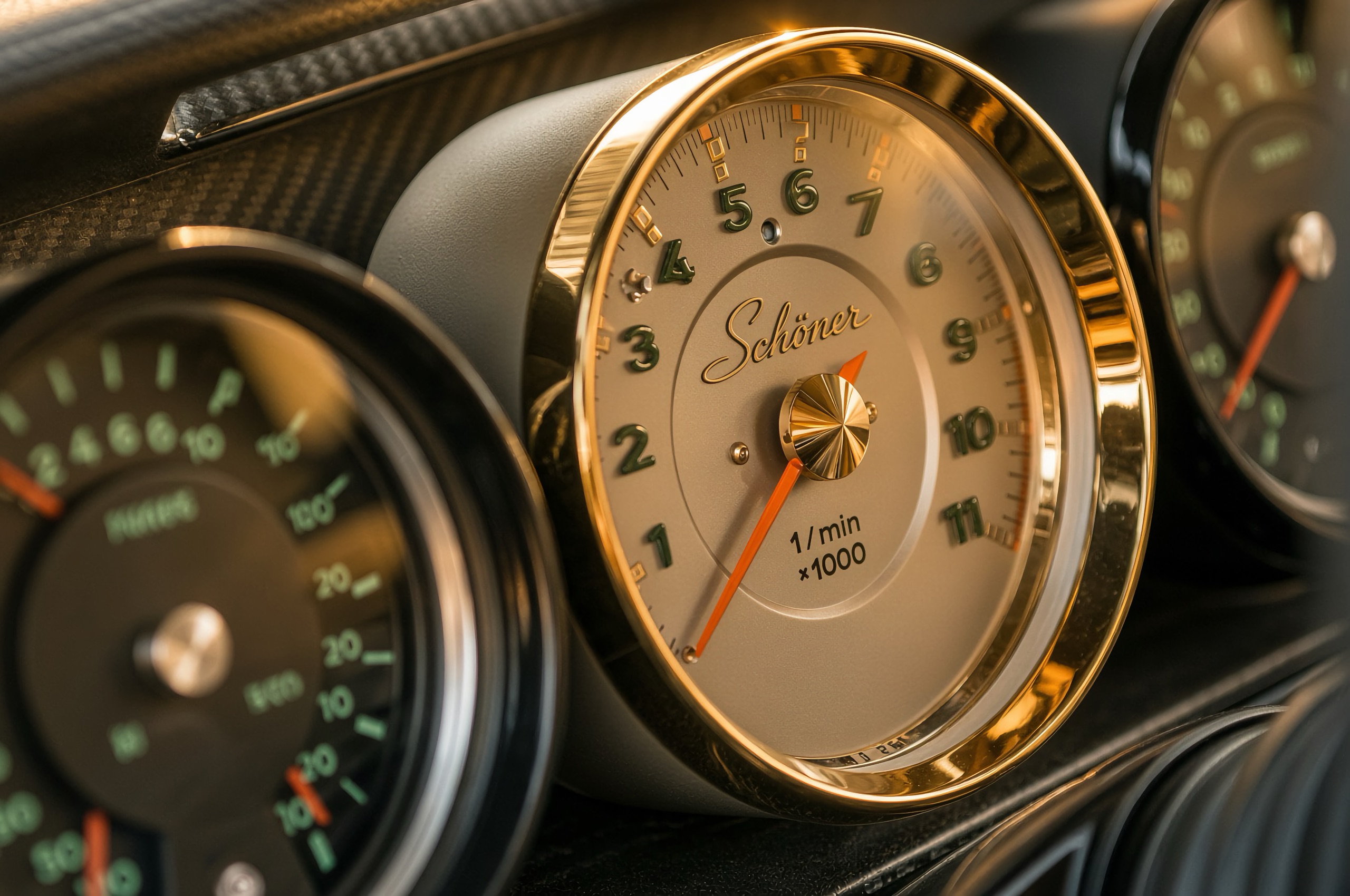 The Schoner (Lamborghini Murcielago) 24K Gold Speedometer Tachometer Replacement with Carbon Fiber