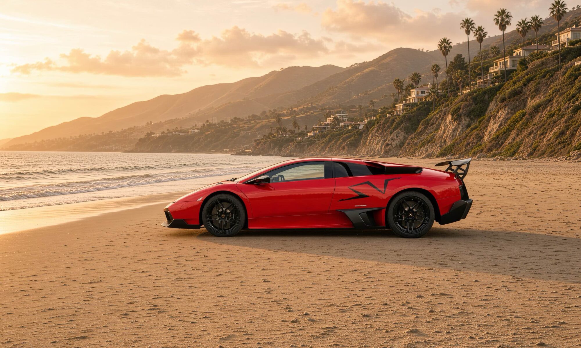 The Schoner automobile (Lamborghini Murcielago) at the Californian Beach in Santa Monica